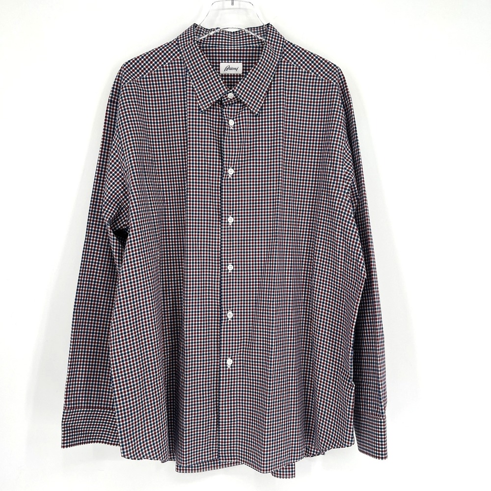 Brioni Shirt Mens 5XL Red Blue Plaid Classic Suiting Career Quiet Luxury Gingham